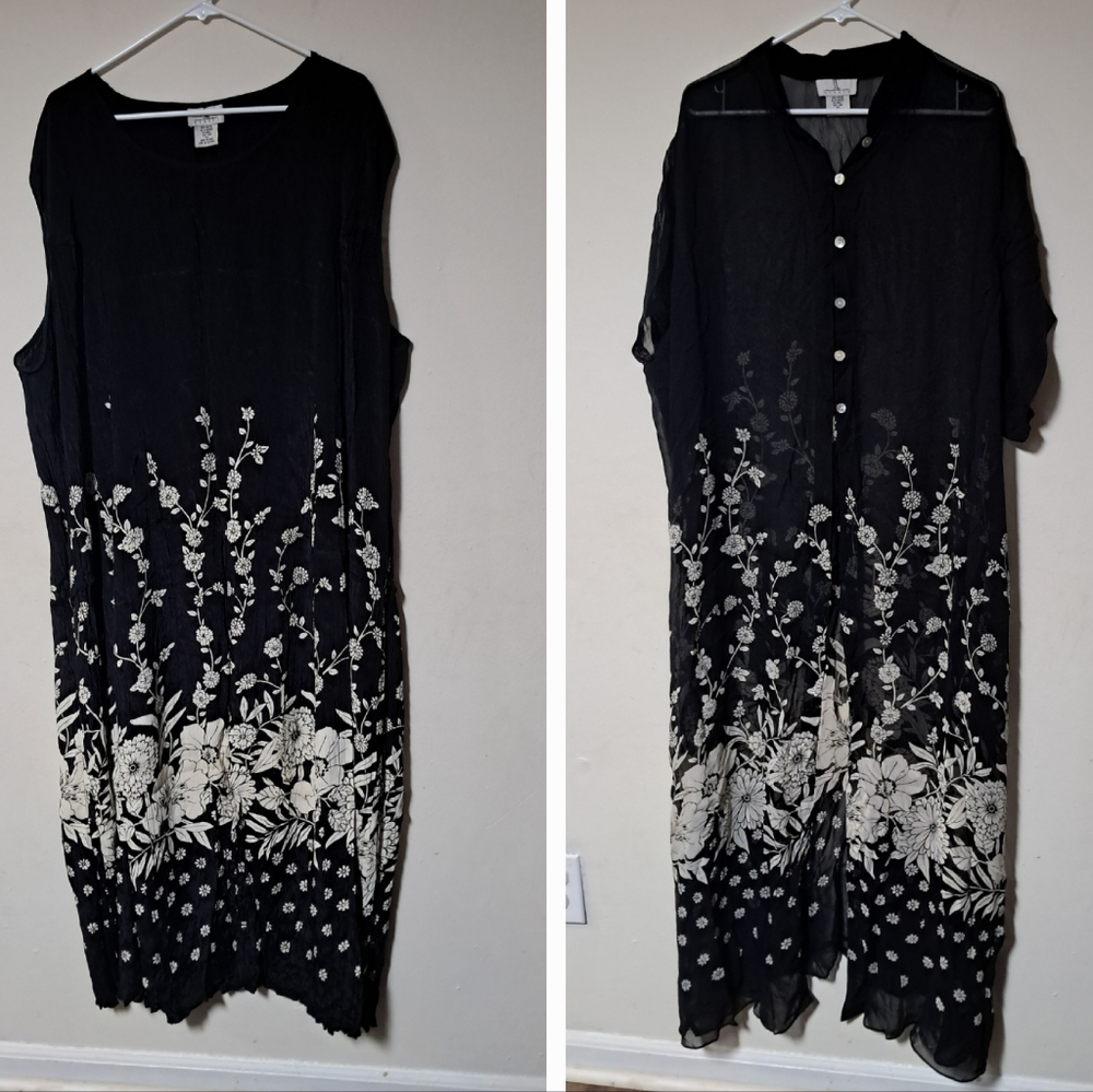 Vintage Womens Maxidress/cover Up Sheer Floral Black/white Plus 26W. 2 Pc.